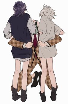 3boys age_difference age_regression aged_down antenna_hair aohitsugi_samatoki arm_around_waist baggy_clothes loose_socks black_socks faceless forced_hug formal_clothes green_hair hand_on_another&#039;s_head head_down highres houndstooth hug hypnosis_mic kneeling kneepits male_focus multiple_boys no_pants nurude_sasara purple_hair sleeves_rolled_up socks suit sweatdrop sweater_vest tsutsujimori_rosho white_background white_hair zy_(dondokodo-mu)