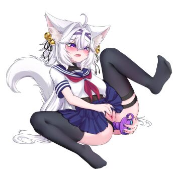 Rule 34 | 1girl, absurdres, ahoge, anal, anal object insertion, animal ears, anus, ascot, bell, black thighhighs, blue sailor collar, blush, breasts, cat ears, cat girl, cat tail, clothing aside, commentary, dildo, english commentary, facing viewer, fang, female masturbation, filian (vtuber), fingering, full body, hair bell, hair ornament, highres, indie virtual youtuber, long hair, masturbation, medium breasts, object insertion, open mouth, panties, panties aside, purple eyes, pussy, red ascot, ritspi, sailor collar, school uniform, serafuku, sex toy, shirt, simple background, sitting, skirt, solo, tail, thigh strap, thighhighs, uncensored, underwear, virtual youtuber, white background, white hair, white shirt