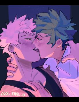 2boys 8_jmal_8 bakugou_katsuki bare_shoulders black_shirt blonde_hair blush boku_no_hero_academia collarbone collared_shirt commentary english_commentary eye_contact facial_scar fingernails freckles french_kiss green_hair hand_on_another&#039;s_chest hand_on_another&#039;s_neck highres kiss letterboxed looking_at_another male_focus midoriya_izuku multiple_boys open_collar open_mouth profile scar scar_on_cheek scar_on_face shirt short_hair smile spiked_hair tank_top teeth twitter_username upper_teeth_only white_shirt yaoi