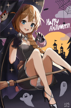 Rule 34 | 1girl, baba konomi, bat (animal), black cape, black gloves, black hat, black shoes, black skirt, blue eyes, blush, braid, breasts, broom, broom riding, brown hair, cape, facial mark, flask, ghost, gloves, hair over shoulder, halloween, happy halloween, hat, heart, heart facial mark, high heels, highres, holding, holding flask, idolmaster, idolmaster million live!, knees up, large hat, long hair, looking at viewer, myeolchi, nonohara akane, open mouth, panties, round-bottom flask, shoes, silk, single braid, sitting, skirt, smile, solo, sparkle, spider web, two side up, underwear, white panties, witch, witch hat