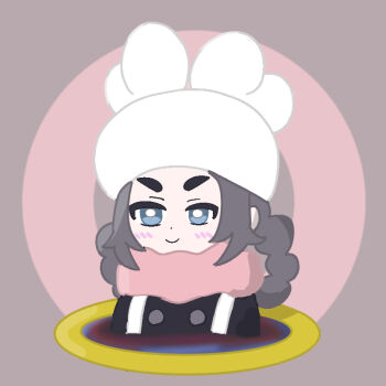 1girl ansha_(pokemon) blue_eyes blush bright_pupils closed_mouth commentary_request dot_nose grey_hair hat long_hair mismatched_eyebrows niltera nintendo pink_scarf pokemon pokemon_legends:_z-a portal_(object) purple_background scarf simple_background smile solo thick_eyebrows through_portal v-shaped_eyebrows white_hat white_pupils