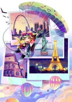 1girl :d ai-chan_(honkai_impact) aircraft black_boots black_gloves boots colosseum doll double_bun dress eiffel_tower eyewear_on_head fingerless_gloves full_body gloves green_hair hair_bun highres holding holding_microphone homu_(honkai_impact) honkai_(series) honkai_impact_3rd hot_air_balloon microphone one_eye_closed open_mouth orange_eyes orange_sleeves parachute photo_(object) sleeveless sleeveless_dress smile solo statue_of_liberty thigh_boots thighhighs zephylyne