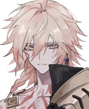 1boy armlet armor black_coat blonde_hair braid chest_tattoo coat earrings facial_tattoo gold_earrings gold_necklace gradient_hair highres honkai:_star_rail honkai_(series) iota_1600 jewelry looking_at_viewer male_focus medium_hair multicolored_hair mydei_(honkai:_star_rail) necklace open_clothes open_coat pauldrons red_hair red_tattoo shoulder_armor side_braid single_pauldron solo tattoo yellow_eyes