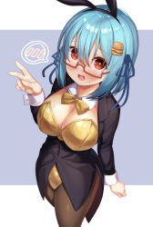 Rule 34 | 1girl, animal ears, blue hair, blush, borrowed character, bow, bowtie, breasts, burger hair ornament, cleavage, commentary request, detached collar, fake animal ears, food-themed hair ornament, glasses, hair ornament, hamburger-chan (hundredburger), jacket, leotard, looking at viewer, medium breasts, original, pantyhose, playboy bunny, rabbit ears, red-framed eyewear, red eyes, semi-rimless eyewear, smile, solo, strapless, strapless leotard, sweat, to kifa, v, yellow leotard