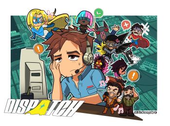 Rule 34 | !, !?, 5boys, 5girls, animal, bat boy, beef (dispatch), black hair, black horns, blonde blazer, blue lips, brown hair, cape, chibi, closed eyes, colored skin, commentary, copyright request, coupe (dispatch), dark-skinned female, dark skin, demon girl, demon horns, dispatch, dog, facial hair, fake wings, flambae (dispatch), freckles, hashtag-only commentary, headphones, heart, heart-shaped eyes, highres, holding, holding microphone, horns, invisigal (dispatch), lips, long hair, malevola (dispatch), microphone, mole, mole under mouth, multiple boys, multiple girls, musical note, mustache, phenomaman (dispatch), ponytail, prism (dispatch), punch up (dispatch), red cape, red skin, robert robertson, sitting, sonar (dispatch), superhero costume, table, twitter username, v, wings, xohnyart, yellow cape, yellow eyes