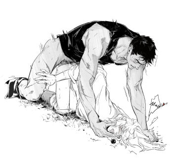 2025 2boys abs anal bad_tag barefoot berserk black_hair blush cum dialogue_box dialogues doggystyle dominance ejaculating_while_penetrated ejaculation ejami feet femboy gay gray_scaling griffith_(berserk) guts_(berserk) highres holding kiss large_penis long_hair looking_at_viewer looking_back luluzhang998873 lying male male_focus male_penetrated moaning moaning_only monochrome multiple_boys muscular muscular_male orgasm orgasm_from_anal partially_nude pectorals penetration_focus penetration_gesture penis rough_sex scar scars_all_over scarstuff sex sex_from_behind short_hair testicles text_focus too_many white_background white_hair yaoi