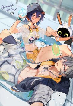 1boy 1girl bandana bandana_around_neck bangboo_(zenless_zone_zero) belle_(summer_skies)_(zenless_zone_zero) belle_(zenless_zone_zero) bikini bikini_top_under_shirt bikini_under_clothes bikini_bottom_under_shorts black_wetsuit blue_eyes blue_wetsuit blush bracelet brother_and_sister bucket_hat crop_top crossed_bangs eous_(zenless_zone_zero) fish_hat green_eyes grey_hair grey_male_swimwear hair_ornament hat highres jewelry letter_hair_ornament looking_at_viewer male_swimwear off-shoulder_shirt off_shoulder official_alternate_costume official_alternate_hairstyle orange_bandana orange_bikini orange_shorts orange_tube_top partially_submerged see-through_clothes selfie shirt short_twintails shorts siblings smile sphere_hair_ornament strapless swimsuit throwing tied_shirt tube_top twintails two-tone_one-piece_swimsuit water_balloon water_drop wise_(peaceful_waves)_(zenless_zone_zero) wise_(zenless_zone_zero) zenless_zone_zero zunda_kaku