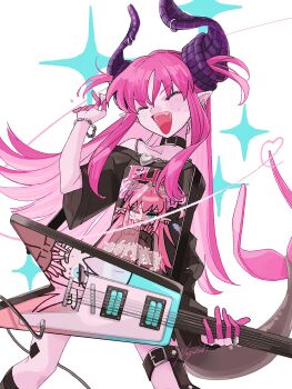 1girl absurdres arm_warmers bare_shoulders black_arm_warmers black_collar black_shirt black_socks bracelet closed_eyes collar colored_fingertips commentary dragon_girl dragon_horns dragon_tail earrings electric_guitar elizabeth_bathory_(fate) elizabeth_bathory_(perfect)_(fate) elizabeth_bathory_(perfect)_(first_ascension)_(fate) fate/grand_order fate_(series) guitar hair_between_eyes hand_up heart heart_pendant highres holding holding_guitar holding_instrument holding_plectrum horn_piercing horns instrument jewelry legwear_garter light_blush long_hair nagatsuki_(huwamo9_8ku) off_shoulder open_mouth pink_hair plectrum pointy_ears purple_horns shirt short_sleeves shoulder_strap signature simple_background single_arm_warmer single_legwear_garter single_off_shoulder smile socks solo sparkle standing sweat t-shirt tail teeth upper_teeth_only v-shaped_eyebrows white_background