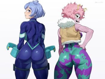2girls ashido_mina ass back bare_shoulders black_sclera blue_bodysuit blue_eyes blue_hair blush bodysuit boku_no_hero_academia breasts colored_sclera colored_skin cowboy_shot cropped_vest fur_trim green_bodysuit hado_nejire hand_on_own_hip highres horns large_breasts looking_at_viewer looking_back mask mendo0821 multiple_girls open_mouth pink_hair pink_skin pouch purple_bodysuit ring_light_reflection short_hair shoulder_blades skin_tight smile thigh_pouch thigh_strap thighs toned toned_female unitard vest white_background yellow_eyes yellow_vest