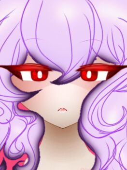 &lt;shiena 1girl bright_pupils flandre_scarlet flandre_scarlet_(vampire_pursuing_the_hunter) frown glaring highres ibispaint_(medium) purple_hair red_eyes scarlet&gt; self-upload serious upper_body white_pupils