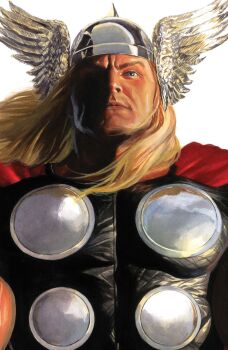 1boy absurdres alex_ross blue_eyes cape comic_cover company_name cover cover_page covered_pectorals floating_hair grey_helmet helmet highres long_hair looking_at_viewer male_focus marvel official_art one_eye_in_shadow pectorals realistic red_cape solo thor_(marvel) thor_(marvel)_(series) upper_body western_comics_(style) white_background winged_helmet