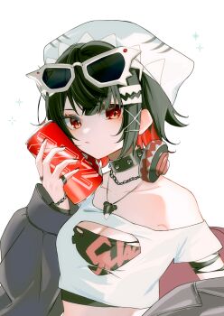1girl alternate_costume beanie black_hair black_jacket black_nails black_tube_top blue_hat breasts can chain chain_necklace cleavage_cutout closed_mouth clothing_cutout collar collarbone colored_inner_hair commentary_request crop_top ellen_joe eyewear_on_head hat headphones headphones_around_neck highres holding holding_can jacket jacket_partially_removed jewelry juna22_a looking_at_viewer medium_breasts mole mole_under_eye multicolored_hair multiple_rings necklace razor_blade_hair_ornament red_eyes ring shark_girl shirt short_hair simple_background single_bare_shoulder solo spiked_collar spikes strapless sunglasses torn_clothes torn_shirt torn_tube_top tube_top upper_body white-framed_eyewear white_background white_shirt zenless_zone_zero