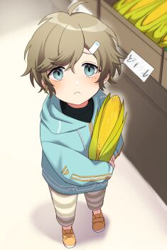 1boy :&lt; black_shirt blue_hoodie brown_hair commentary_request full_body green_eyes hair_ornament hairclip highres holding_corn hood hoodie indoors kanae_(1st_costume)_(nijisanji) kanae_(nijisanji) long_sleeves looking_at_viewer male_focus mole mole_under_eye nana72710193 nijisanji orange_shoes pants shadow shelf shirt shoes short_hair solo striped_clothes striped_pants virtual_youtuber white_pants yellow_pants