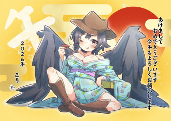 1girl 2026 :q alternate_costume black_wings blue_kimono blush boots breasts brown_boots brown_hat chinese_zodiac cleavage commentary_request cowboy_hat cup egasumi floral_print happy_new_year hat holding holding_cup japanese_clothes kimono kurokoma_saki large_breasts long_sleeves looking_at_viewer new_year obi off_shoulder print_kimono red_eyes sash sitting solo tanasuke tongue tongue_out touhou translation_request wings year_of_the_horse