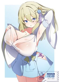 arm_up armpits blonde_hair blue_eyes blue_skirt bow breasts clothing_cutout cowboy_shot curvy detached_sleeves double-parted_bangs flower_hairclip hair_between_eyes hair_flip hair_ornament hairclip hakama hakama_short_skirt hakama_skirt hand_in_own_hair highres hip_vent hot ikaokura_sushi indie_virtual_youtuber japanese_clothes kanzashi kimono kimono_tug large_breasts long_hair miniskirt nanamiya_nako nontraditional_miko panties panty_peek presenting_armpit purple_panties raised_eyebrows sample_watermark second-party_source side-tie_panties skirt sleeveless sleeveless_kimono sweat sweaty_clothes tsumami_kanzashi underwear very_sweaty virtual_youtuber waist_bow watermark wet wet_clothes white_kimono wide_hips wide_sleeves