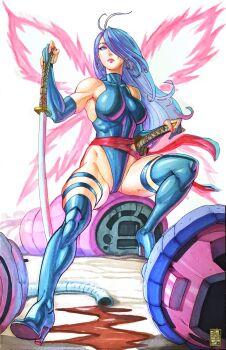 Rule 34 | 1girl, acecore2k, blue boots, blue eyes, blue gloves, blue leotard, boots, breasts, commentary, earrings, english commentary, gloves, hair over one eye, high heel boots, high heels, highleg, highleg leotard, highres, hoop earrings, implied after fight, jewelry, katana, large breasts, leotard, long hair, looking at viewer, marker (medium), marvel, pink lips, pink nails, planted, planted sword, planted weapon, psylocke, purple hair, red sash, robot, sash, scar, scar across eye, scar on face, sentinel (x-men), sitting, solo, sword, thigh boots, thigh strap, toned, toned female, traditional media, weapon, white background, x-men