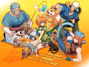 1girl 3boys absurdres animal_ears bandana beard blue_hair cat cat_boy cat_ears cat_girl cat_teaser commentary_request facial_hair fire_emblem fire_emblem:_path_of_radiance green_eyes green_hair headdress heterochromia highres holding holding_cat_teaser indian_style kurimori lethe_(fire_emblem) mordecai_(fire_emblem) muarim_(fire_emblem) multiple_boys nintendo orange_hair purple_eyes ranulf_(fire_emblem) short_hair sitting tail translation_request