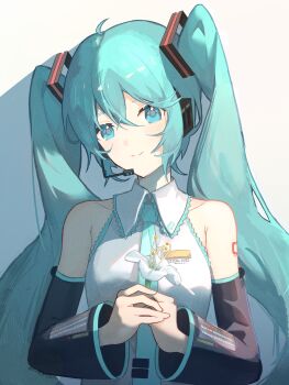1girl absurdres ahoge ame_miya_ta aqua_hair aqua_necktie arm_tattoo blue_eyes blush collarbone collared_shirt commentary_request crossed_bangs detached_sleeves double-parted_bangs flower frilled_shirt frilled_shirt_collar frills grey_shirt hair_between_eyes hatsune_miku headphones headset highres holding holding_flower long_hair looking_at_viewer necktie number_tattoo shadow shirt sidelighting sidelocks simple_background sleeveless sleeveless_shirt smile solo tattoo twintails upper_body vocaloid white_background white_flower