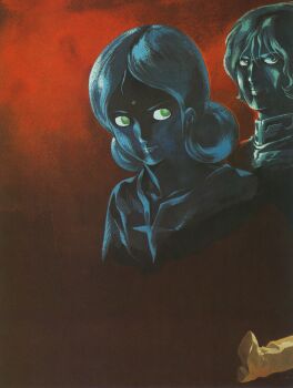 1970s_(style) 1980s_(style) 1girl 2boys amuro_ray belt bindi blue_eyes boots char_aznable cloud cropped dark_cloud earth_federation green_eyes gundam highres lalah_sune looking_at_another military military_uniform mobile_suit_gundam multiple_boys oldschool painting_(medium) retro_artstyle scan serious traditional_media tunic yasuhiko_yoshikazu zeon