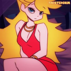 1girl animated artist_name ass bare_shoulders blonde_hair blue_eyes blue_panties breasts highres long_hair looking_at_viewer medium_breasts open_mouth panties panty_&amp;_stocking_with_garterbelt panty_(psg) skirt smile solo tagme taunting thighs twistedgrim underwear video