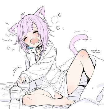 1girl animal_ears black_collar blue_hair cat_ears cat_girl cat_tail closed_eyes collar highres hololive kanya_pyi looking_at_viewer nekomata_okayu nekomata_okayu_(oversized_shirt) no_pants official_alternate_costume open_mouth purple_hair shirt solo tail virtual_youtuber white_background white_shirt yawning