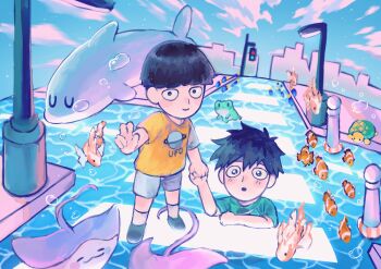 2boys :o absurdres aged_down air_bubble bowl_cut brothers bubble child cloud clownfish commentary_request crosswalk dolphin fish flood frog grey_shorts highres holding_hands hyeon_0613 kageyama_ritsu kageyama_shigeo korean_commentary lamp male_focus manta_ray mob_psycho_100 multiple_boys road shorts siblings sky smile traffic_light turtle w
