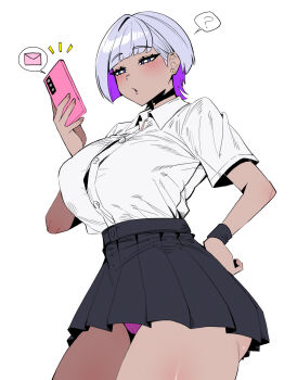 1girl 7a_(se7ena) ? black_choker black_skirt blue_eyes blunt_bangs blush breasts bright_pupils cellphone choker collared_shirt commentary cowboy_shot curvy earrings hand_on_own_hip highres holding holding_phone jewelry large_breasts looking_at_phone miniskirt original panties panty_peek parted_lips phone pink_panties pleated_skirt purple_hair shirt shirt_tucked_in short_hair short_sleeves simple_background skirt smartphone solo speech_bubble spoken_object spoken_question_mark stud_earrings tan thick_thighs thighs underwear white_background white_pupils white_shirt