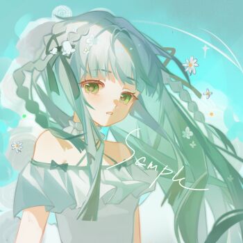 Rule 34 | 1girl, blue sky, blunt bangs, bow, braid, choker, cloud, day, dress, eyelashes, flower, frilled choker, frills, green bow, green eyes, hair flower, hair ornament, liu letian, long hair, looking at viewer, original, outdoors, parted lips, sample watermark, sky, solo, sunlight, upper body, very long hair, watermark, white flower