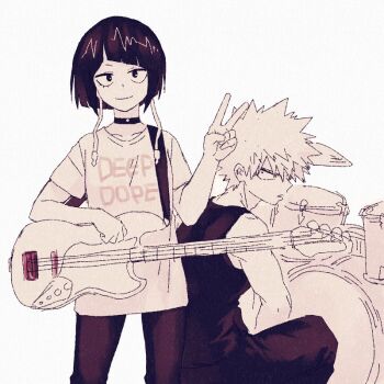 Rule 34 | 1boy, 1girl, bakugou katsuki, black choker, black pants, black tank top, boku no hero academia, choker, closed mouth, commentary request, cowboy shot, diagonal bangs, drum, drum set, earphones, furrowed brow, guitar, hair between eyes, hk (nt), holding, holding guitar, holding instrument, instrument, jiro kyoka, looking at viewer, monochrome, pants, parted lips, print shirt, shirt, short hair, sketch, smile, spiked hair, t-shirt, tank top, v, white background