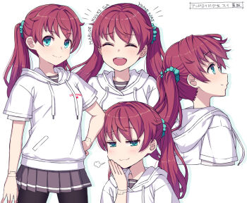 1girl :3 ^_^ android android_girl_sui brown_hair casual closed_eyes commentary_request highres hood hoodie itou_(onsoku_tassha) joints multiple_expressions multiple_views open_mouth original partially_translated pleated_skirt profile puff_of_air reference_sheet robot_joints romaji_text sailor_collar school_uniform seams serafuku simple_background skirt smile smug translation_request twintails