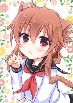 animal_ears blush brown_eyes brown_hair cat_ears cat_tail folded_ponytail inazuma_(kancolle) kantai_collection kashiwadokoro long_hair necktie open_mouth paw_pose school_uniform skirt solo tail