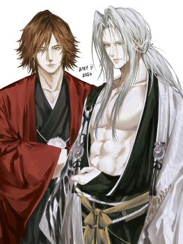 Rule 34 | 2026, 2boys, abs, alternate costume, black kimono, bridal gauntlets, brown hair, closed mouth, cowboy shot, crisis core: final fantasy vii, crossed arms, final fantasy, final fantasy vii, final fantasy vii: ever crisis, genesis rhapsodos, grey hair, hair between eyes, haori, happy new year, highres, japanese clothes, kimono, kitsuneken, long hair, low ponytail, male focus, multiple boys, new year, official alternate costume, parted bangs, pectorals, ponytail, red haori, sephiroth, sephiroth (one with the blade), short hair, white haori