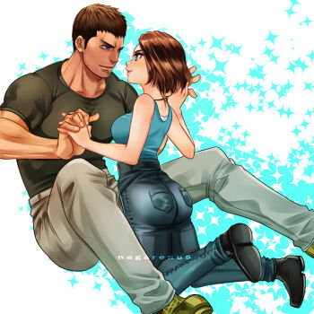 Rule 34 | 1boy, 1girl, beard stubble, black shirt, blue eyes, blue shirt, brown hair, chris redfield, denim, facial hair, holding hands, jeans, jewelry, jill valentine, nagare, necklace, pants, resident evil, resident evil: death island, shirt, smile, stubble