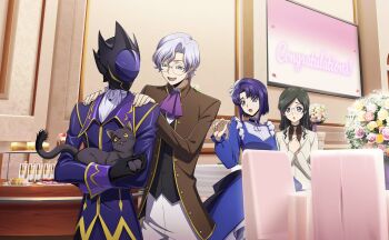 2boys 2girls arthur_(code_geass) artist_request blue_dress blue_eyes blue_hair cat cecile_croomy code_geass code_geass:_lost_stories dress flower game_cg glasses green_hair grey_eyes highres kururugi_suzaku lloyd_asplund mask multiple_boys multiple_girls necktie nina_einstein non-web_source official_art party purple_eyes short_hair sidelocks white_necktie zero_(code_geass)