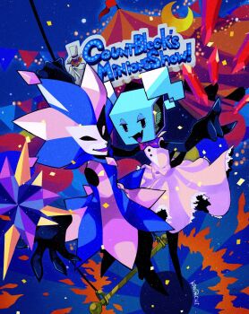 1boy 1girl blue_background bow bowtie circus circus_tent clown clown_boy count_bleck dimentio dress fangs gears highres jester jester_boy kanpachi999 mario_(series) mask mimi_(paper_mario) nintendo open_mouth paper_mario pointing smile super_paper_mario