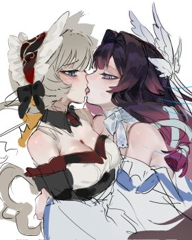 Rule 34 | 2girls, bare shoulders, black hair, blue eyes, bonnet, breasts, cleavage, columbina (genshin impact), commentary, dress, english commentary, french kiss, genshin impact, grey hair, guanguab, highres, kiss, large breasts, multiple girls, off shoulder, purple eyes, purple streaks, sandrone (genshin impact), simple background, tongue, tongue out, unusually open eyes, white background, white dress, winding key, yuri