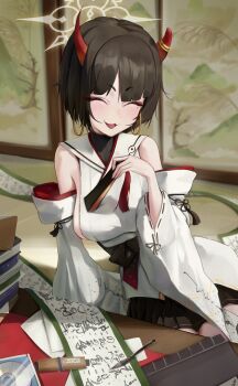 1girl :3 absurdres blue_archive broken_horn brown_hair closed_mouth commentary_request detached_sleeves earrings eyeshadow folded_fan folding_fan gradient_horns halo hand_fan highres holding holding_fan hoop_earrings horns japanese_clothes jewelry kimono makeup mole mole_under_eye multicolored_horns niya_(blue_archive) orange_horns red_eyeshadow scroll seiza short_hair sideless_kimono sitting sleeveless sleeveless_kimono smile solo ubeuna white_halo white_kimono