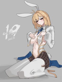 1girl absurdres animal_ears arcueid_brunestud blonde_hair boots breasts cleavage dated fake_animal_ears fake_tail fishnet_pantyhose fishnets grey_background highres jonyeld large_breasts pantyhose rabbit_ears rabbit_tail red_eyes shirt short_hair simple_background solo tail thigh_boots tsukihime white_boots white_shirt