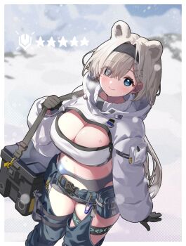 Rule 34 | 1girl, animal ears, arknights, aurora (arknights), bear ears, black gloves, black hairband, blue eyes, breasts, chaps, cleavage, cowboy shot, crop top, gloves, grey hair, grey shorts, hair over one eye, hairband, highres, jacket, kitsune udon (ktnudn8245), large breasts, long hair, long sleeves, looking at viewer, micro shorts, midriff, outdoors, pouch, shorts, smile, solo, standing, star (symbol), thigh strap, thighs, very long hair, white jacket