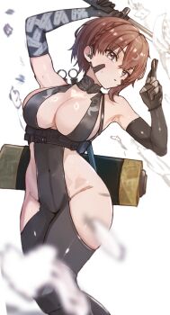 1girl absurdres armpits arms_up bandaged_fingers bandages bare_shoulders black_gloves bodysuit braid breasts brown_eyes brown_hair cleavage clothing_cutout collarbone commentary covered_navel crossed_bangs delta_(nikke) delta_(ninja_thief)_(nikke) detached_collar earpiece elbow_gloves facial_mark gloves goddess_of_victory:_nikke groin hair_between_eyes highres hip_vent holding holding_sword holding_weapon kuji-in kunimoto_rikuya large_breasts light_blush looking_at_viewer ninja ninjatou official_alternate_costume parted_lips scroll short_hair short_sword sidelocks simple_background skindentation sleeveless sleeveless_bodysuit solo standing sweat sword weapon white_background