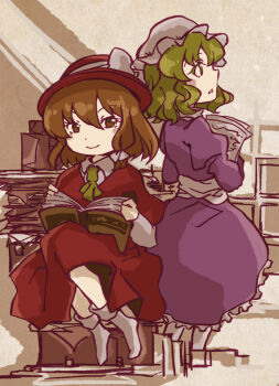 Rule 34 | 2girls, alternate color, alternate headwear color, alternate neckwear, ascot, blush stickers, book, bow, brown eyes, brown hair, capelet, closed mouth, collared dress, collared shirt, contrast collar, dress, frilled dress, frills, hair between eyes, hair bow, hat, hat bow, holding, holding book, holding paper, long dress, long sleeves, maribel hearn, mob cap, multiple girls, no shoes, paper, puffy long sleeves, puffy sleeves, purple dress, red capelet, red hat, red skirt, sanwa no jako (daikichi club), sash, shirt, short hair, sitting, skirt, smile, socks, touhou, usami renko, white bow, white hat, white sash, white shirt, white socks, yellow ascot, yellow eyes