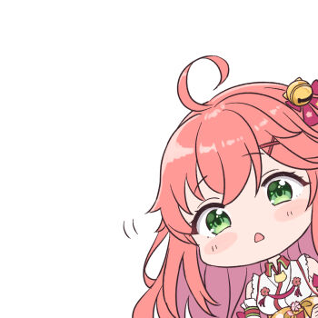 1girl :&lt; ahoge bare_shoulders bell blush_stickers breasts chibi commentary_request green_eyes hair_bell hair_ornament hairclip hololive japanese_clothes jingle_bell kimono large_breasts long_hair looking_at_viewer mochimiko motion_lines parted_lips pink_hair sakura_miko sakura_miko_(1st_costume) simple_background sleeveless sleeveless_kimono solo triangle_mouth upper_body very_long_hair virtual_youtuber white_background white_kimono