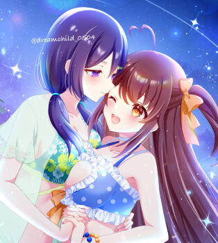 2girls :d ;d ahoge aqua_bikini arm_around_waist assault_lily asymmetrical_docking bare_arms bare_shoulders bead_bracelet beads bikini blue_bikini blush bow bracelet breast_press breasts brown_hair choker cleavage_cutout clothing_cutout collarbone commentary fingernails floral_print frilled_bikini frills green_shirt hair_bow hair_ornament hair_over_shoulder hairclip half-closed_eyes hand_grab hand_on_another's_waist hand_up hands_up heart heart_ahoge interlocked_fingers jewelry large_breasts long_hair looking_at_another low_twintails mizuha_(dreamchild_0504) multi-strapped_bikini_top multiple_girls night official_alternate_costume one_eye_closed one_side_up open_mouth orange_bow orange_eyes outdoors polka_dot polka_dot_bikini print_bikini purple_eyes purple_hair see-through_clothes see-through_shirt shirt short_sleeves smile sparkle star_(sky) swimsuit swimsuit_cover-up takasuga_tsukushi teeth twintails twitter_username upper_body upper_teeth_only very_long_hair watanabe_akane white_choker yuri