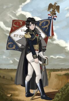 1girl absurdres aiguillette aquila_(symbol) banner bird black_boots black_jacket blue_eyes blue_jacket blue_sky boots breeches chain closed_mouth cloud cloudy_sky coat curly_hair eagle embroidery epaulettes expressionless field finial first_french_empire flag french_army french_flag french_text full_body genderswap genderswap_(mtf) gloves gold_chain gold_embroidery gold_trim golden_sash greatcoat grey_coat hand_on_hilt high_collar highres holding holding_gloves holding_sword holding_unworn_clothes holding_weapon jacket joachim_murat katyusha_(98269886) knee_boots korean_commentary landscape laurel_crown long_hair looking_at_viewer looking_to_the_side medal military military_jacket military_uniform napoleonic_wars original outdoors painting_(action) pants pants_tucked_in planted planted_sword planted_weapon riding_outfit saber_(weapon) sash scabbard scenery sheath sheathed sidelocks single_glove sky solo spurs standard_bearer standing sword sword_knot tassel unworn_gloves waist_sash weapon white_gloves white_pants