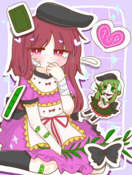 1up 2girls anzu_cha709 apron bamboo bandaid black_bow black_hat black_thighhighs blush blush_stickers bow branch closed_mouth commentary door dress flying_sweatdrops flying_teardrops frills green_dress green_eyes green_hair green_shoes hand_on_own_face hat heart holding holding_branch injury looking_at_another looking_at_viewer medium_hair multiple_girls nishida_satono parted_bangs pink_dress pink_eyes pink_hair ribbon seiza shoes short_hair sitting sleeve_garter sparkle tears teireida_mai thighhighs touhou waist_apron yami_kawaii