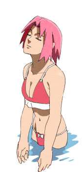 1girl closed_eyes ebata_kyouhei haruno_sakura naruto_(series) naruto_shippuuden pink_hair short_hair simple_background solo swimsuit water white_background