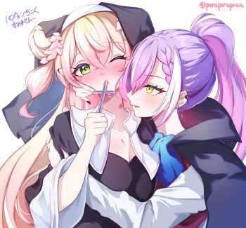 2girls alternate_costume black_cloak black_nails blonde_hair blush braid braided_bangs breasts cleavage cloak commentary_request cross crossed_bangs double_bun ear_piercing earclip flower gradient_hair green_eyes hair_bun hair_flower hair_ornament hand_on_another&#039;s_face hickey high_ponytail highres holding holding_cross hololive hug large_breasts long_hair looking_at_another momosuzu_nene multicolored_hair multiple_girls nun official_alternate_hairstyle one_eye_closed piercing pink_hair ponytail poruporupriiin purple_hair streaked_hair sweat tokoyami_towa traditional_nun translation_request twitter_username two_side_up upper_body vampire vampire_costume virtual_youtuber white_hair yuri