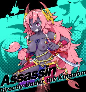 1girl absurdres barefoot blue_background breasts character_name colored_skin commentary_request commission curtained_hair dual_wielding foot_out_of_frame gold grin hair_tubes headgear highres holding large_breasts long_hair looking_at_viewer navel nipples original pelvic_curtain pink_hair purple_eyes purple_skin reverse_grip sidelocks skeb_commission smile solidus_(sword_cube) solo topless_female very_long_hair