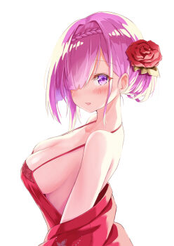1girl absurdres azur_lane bare_shoulders bareback breasts classic_(zildjian33) cleavage flower from_side hair_flower hair_ornament hair_over_one_eye highres looking_at_viewer medium_breasts nightgown off_shoulder official_alternate_costume penelope_(azur_lane) penelope_(ruby-red_boudoir)_(azur_lane) pink_hair purple_eyes red_flower simple_background solo upper_body white_background