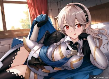 1girl absurdres armor armored_leotard black_hairband blue_cape blush breasts cape curtains female_corrin_(fire_emblem) fire_emblem fire_emblem_fates gloves grey_hair hair_between_eyes hairband highres leotard long_hair looking_at_viewer lying medium_breasts nintendo on_side pillow pointy_ears red_eyes ryo-suzuki smile solo thighs tongue tongue_out window